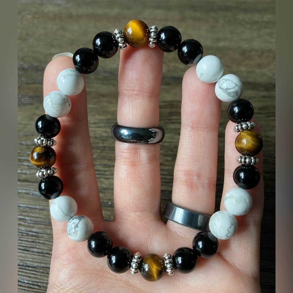Handmade Onyx, Howlite, & Tiger’s Eye Crystal Beaded Bracelet
